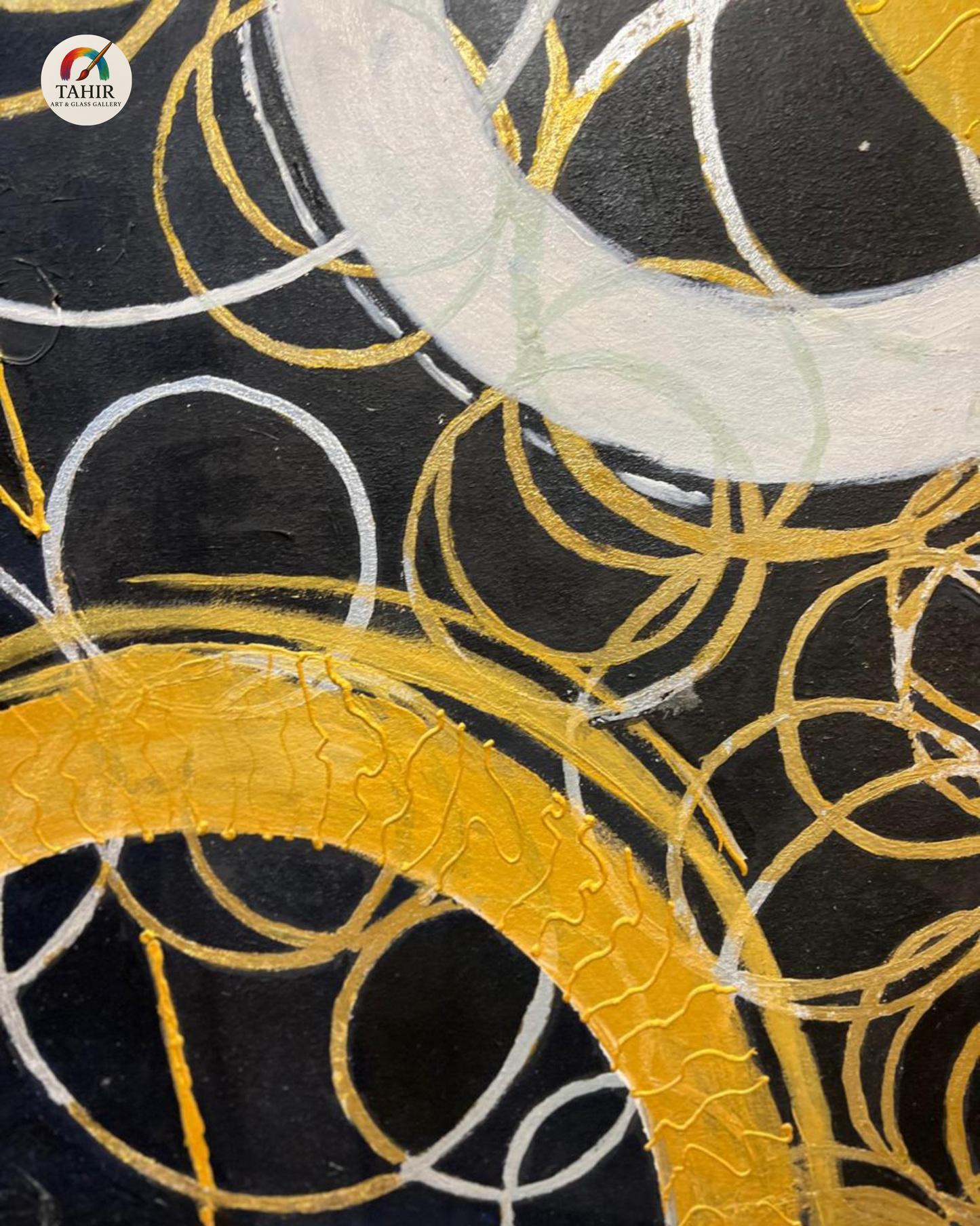 Modern Abstract Circle Art – Black, Gold & White (Imported Canvas Painting) 42 × 42 inches