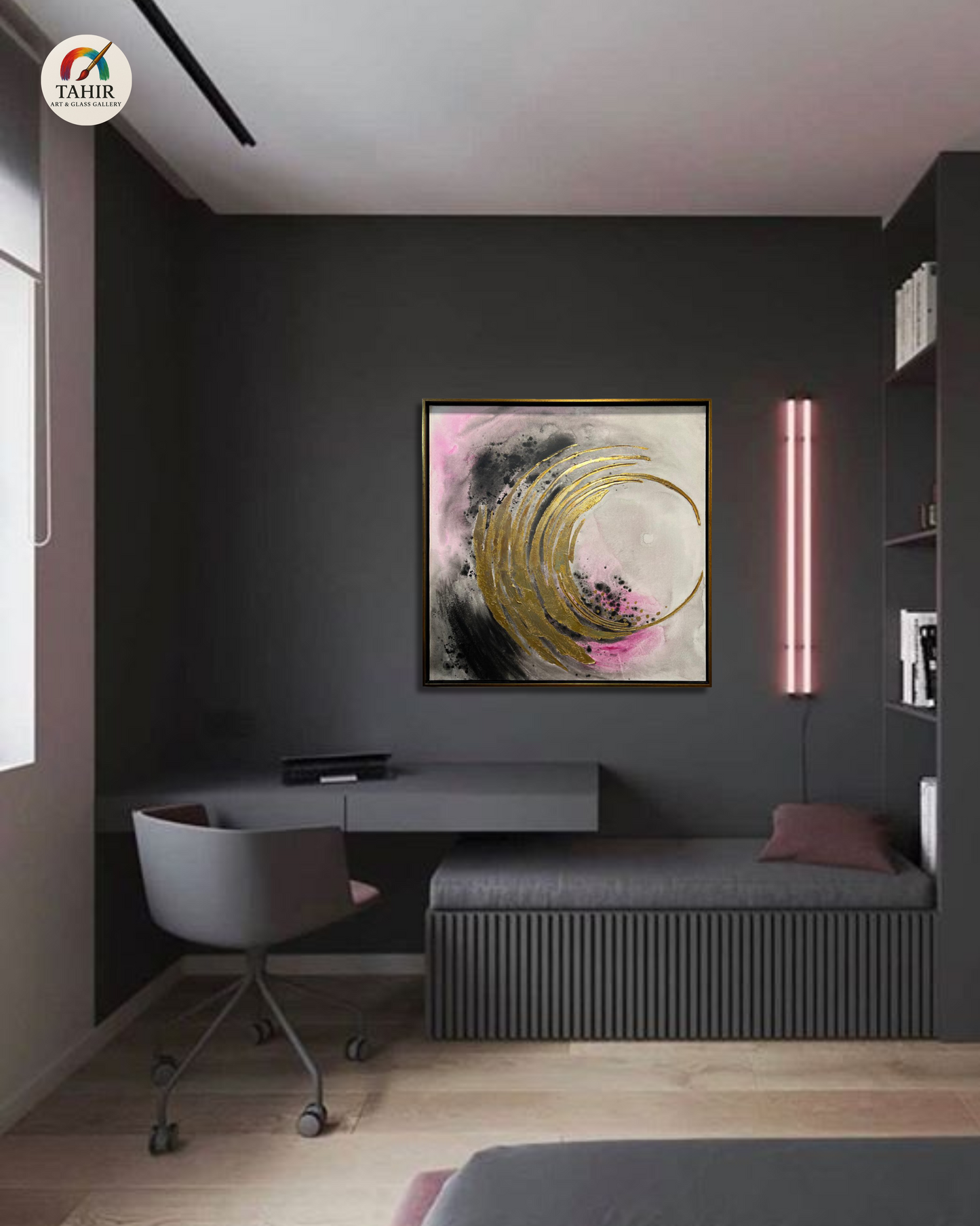 Elegant Wave Abstract Painting – Gold, Pink & Black on Canvas (Imported) 30 × 30 inches
