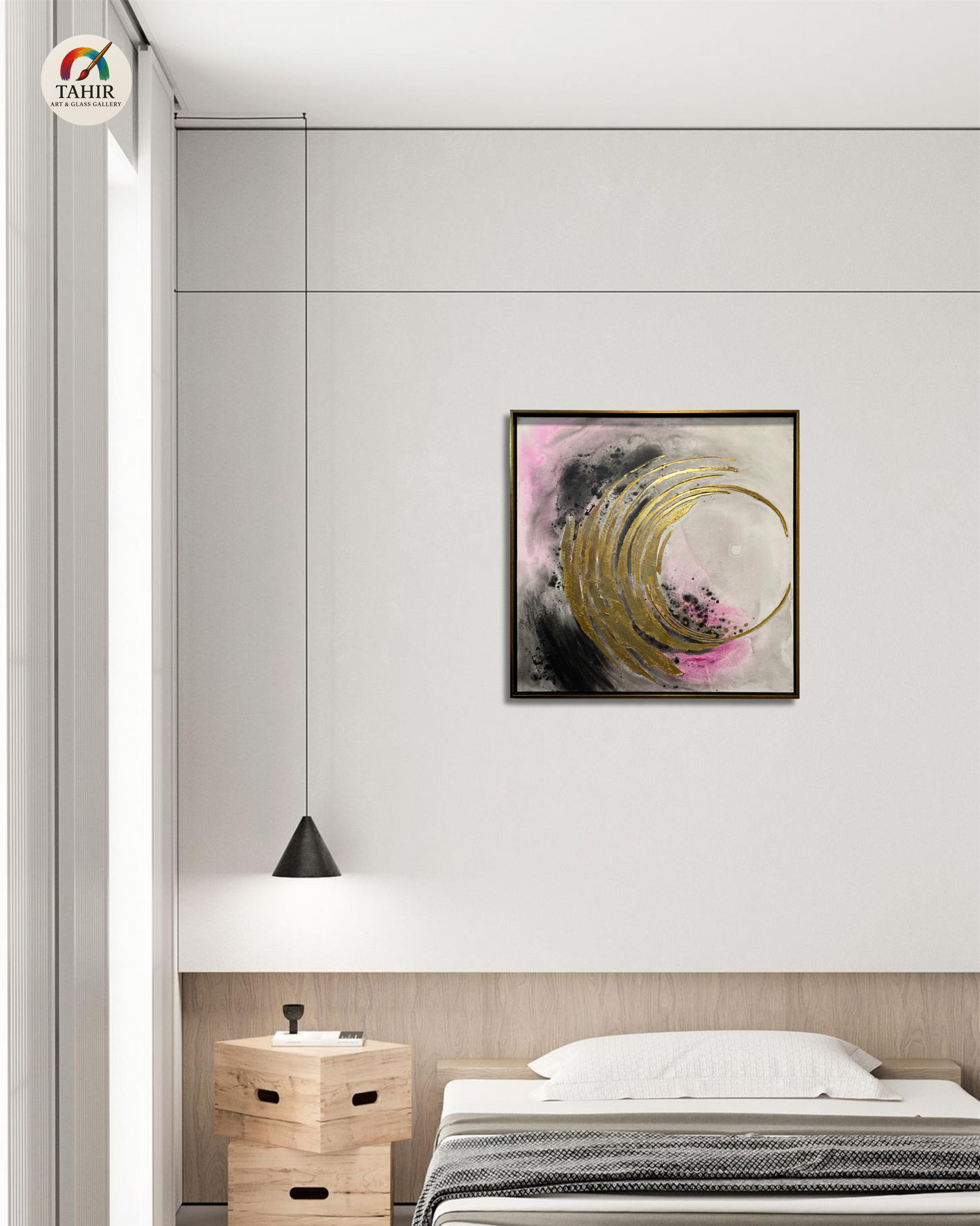Elegant Wave Abstract Painting – Gold, Pink & Black on Canvas (Imported) 30 × 30 inches