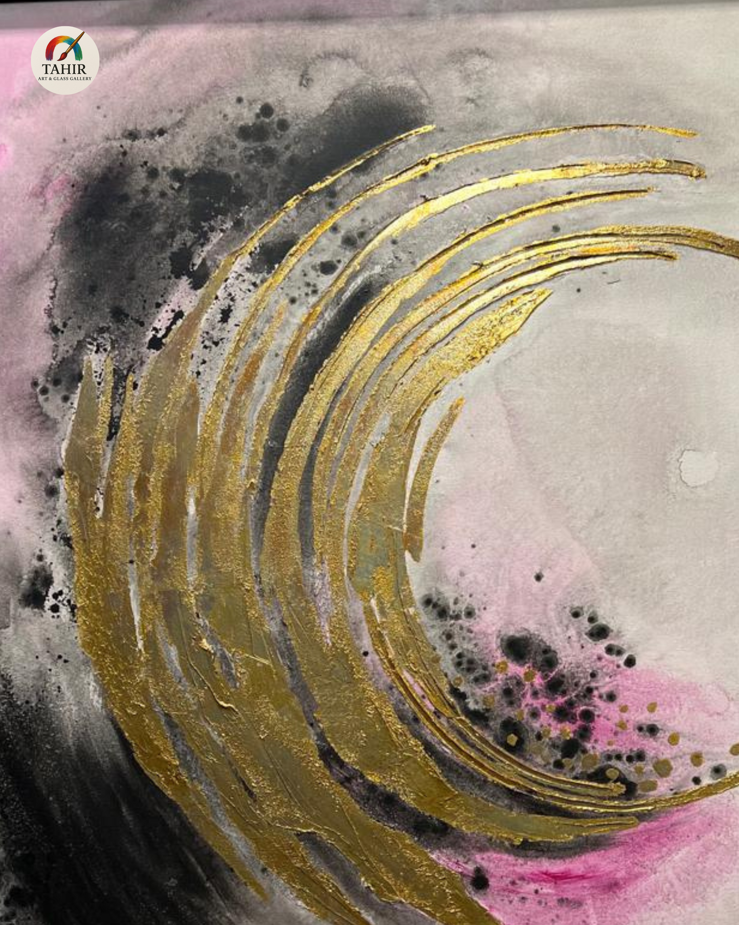 Elegant Wave Abstract Painting – Gold, Pink & Black on Canvas (Imported) 30 × 30 inches