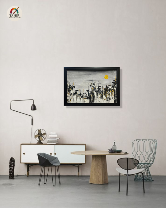 Modern Abstract Skyline Painting – 18x24 Inches | Black, White & Gold with Yellow Sun