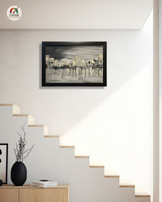 "Modern Landscape Painting – Black & White Textured Wall Art (18x24 Inches)"