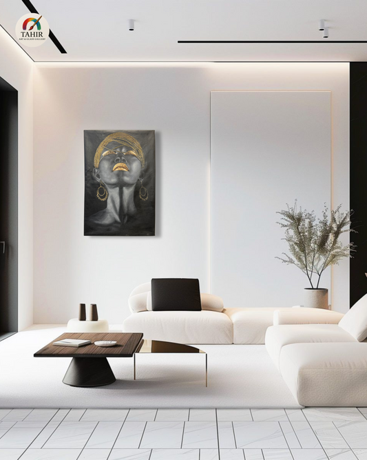 Black & Gold African-Inspired Portrait – 24x36 Inches – Unframed Canvas oil Painting