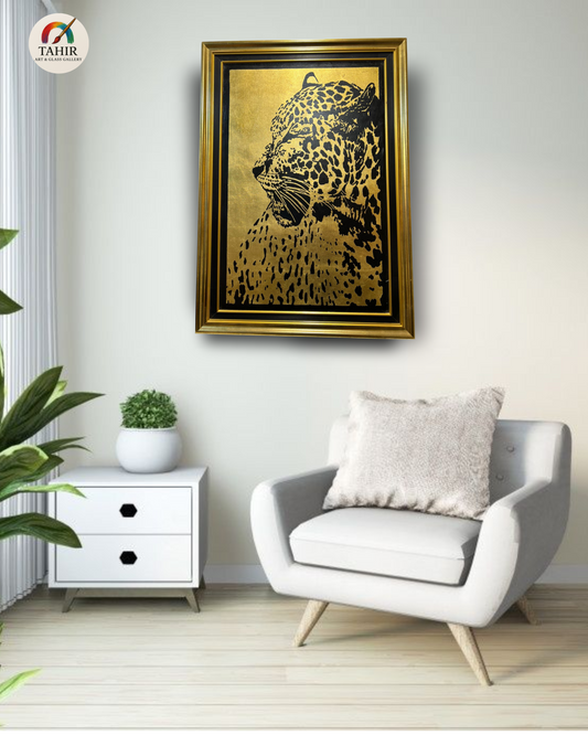 "Golden Gaze" – 30x42" Leopard Portrait on Gold Leaf | Luxury Wildlife Art