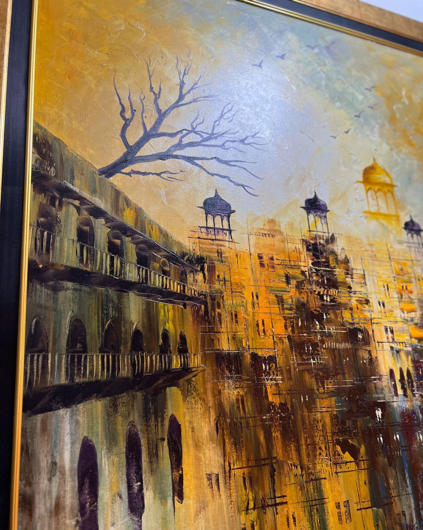 Golden Cityscape Painting – Handmade Oil on Canvas (42x54")