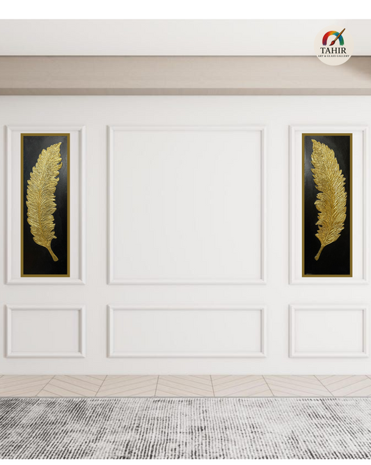 "Golden Feather Wall Art – 12x36” (Set of 2) | Luxurious Black & Gold Decor 🖼️✨"