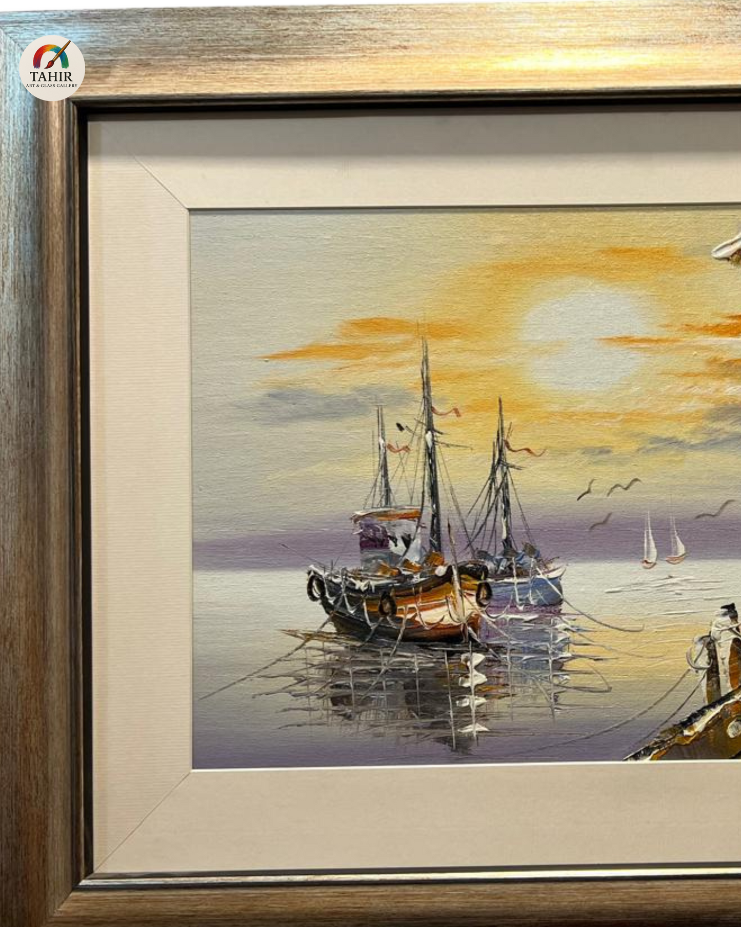 🚤 Sunset Boat Scenery Wall Art – 18x24" | Framed Painting for Home Décor 🖼️🌅