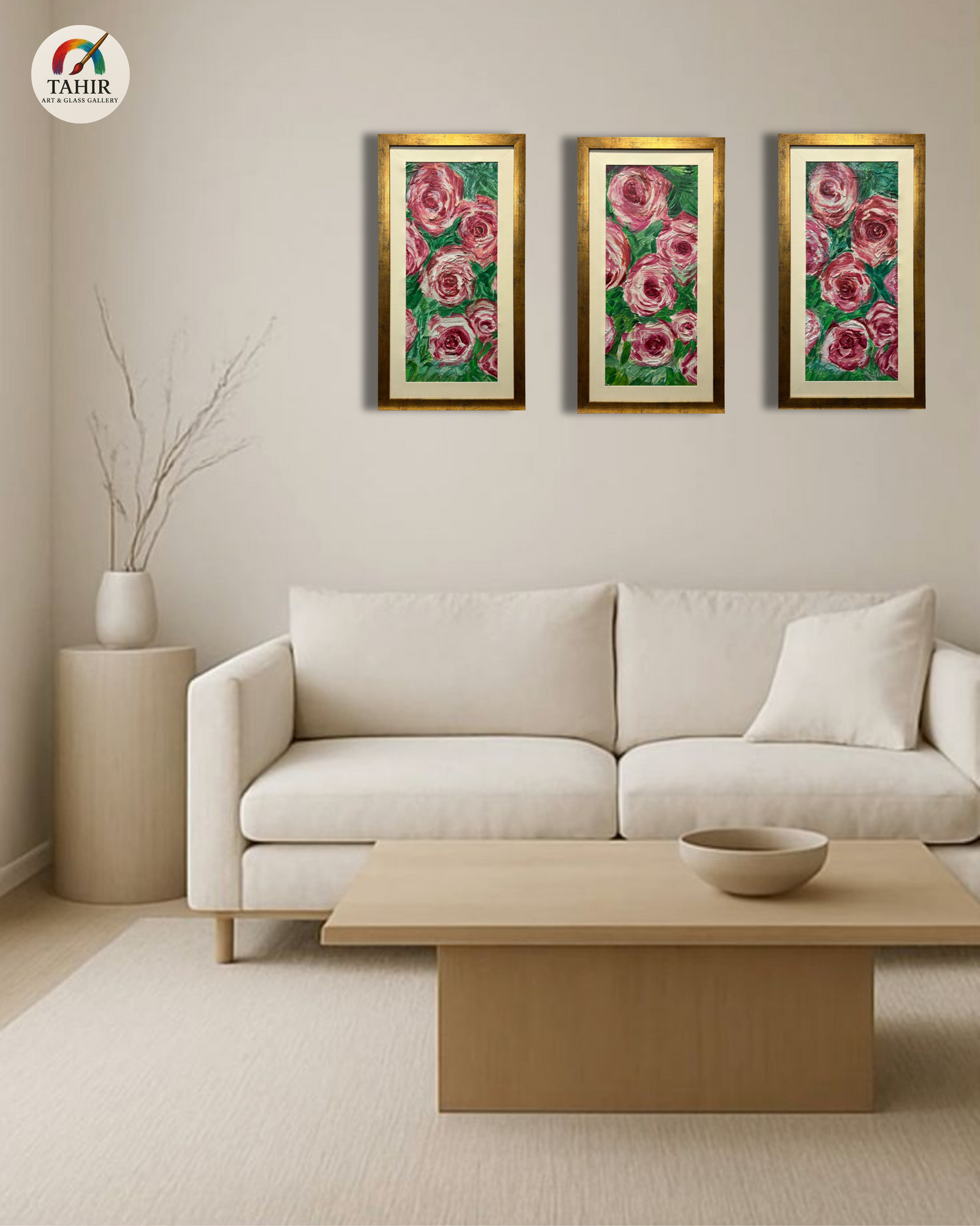 🌸 Floral Wall Art – Set of 3 | Pink Rose Paintings with Golden Frame 🖼️💐