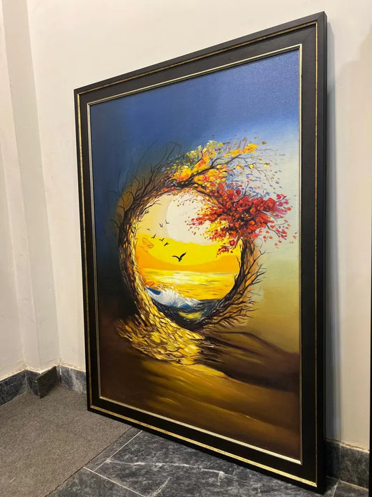 Handmade Oil Painting Wall Art – Sunset Tree Circle | Framed Canvas (32 × 44 Inches)