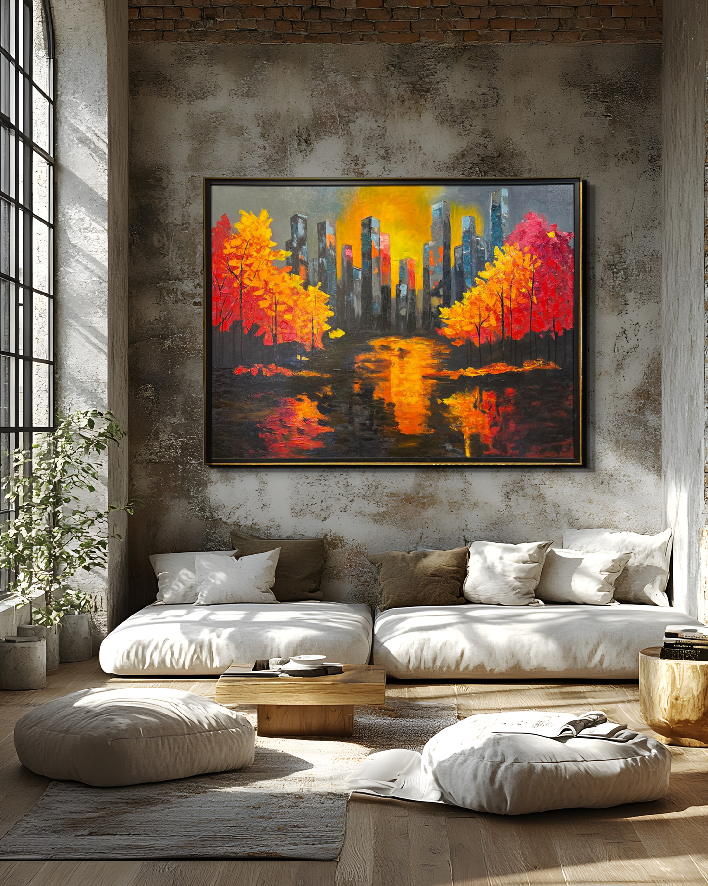 Autumn Reflections Cityscape – Handmade Oil Painting 36×48 in