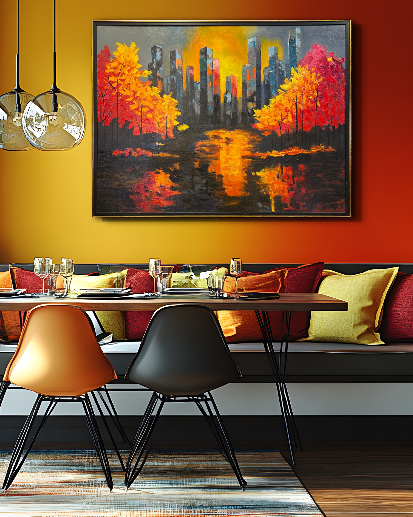 Autumn Reflections Cityscape – Handmade Oil Painting 36×48 in
