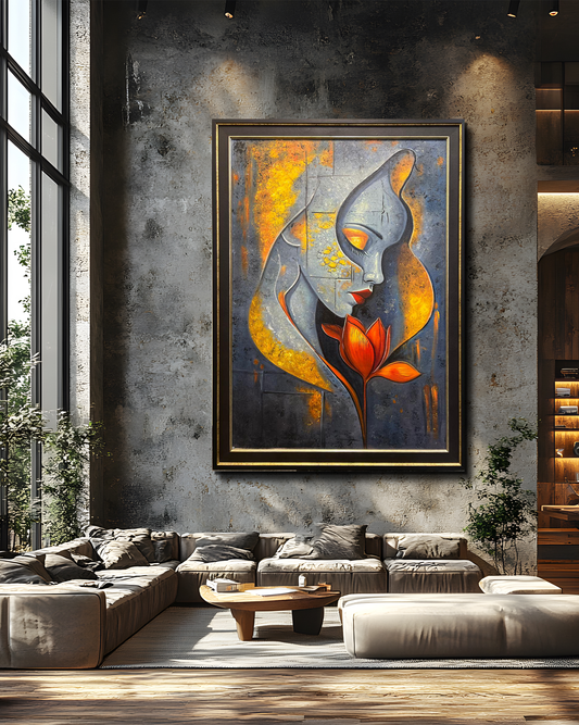 Abstract Woman With Flower – Handmade Oil Painting 30×42 in