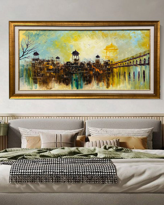 Handmade Architectural Oil Painting on Canvas | Historic Palace Cityscape Art | 30x54 in