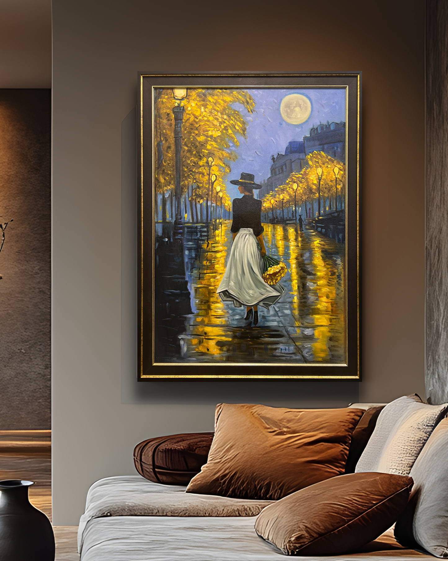 Moonlit Walk in Autumn – Handmade Oil Painting 30×42 in