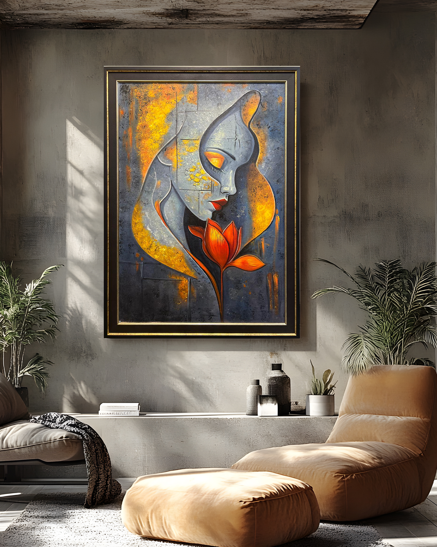 Abstract Woman With Flower – Handmade Oil Painting 30×42 in