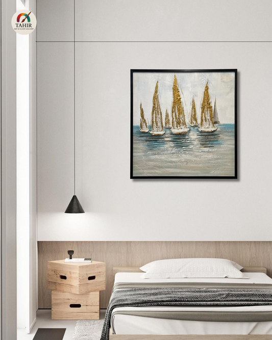 "Imported Golden Sails – Handcrafted Textured Nautical Wall Art" 30 × 30 inches