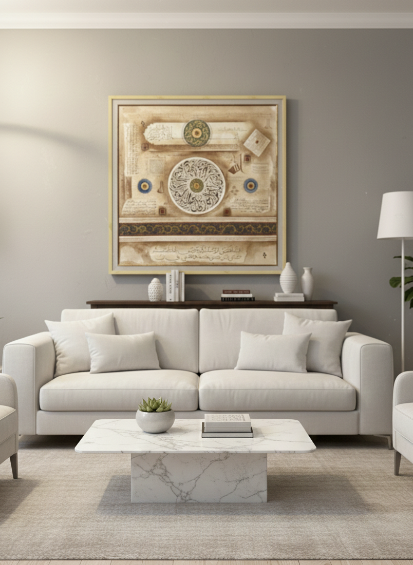 Islamic Arabic Calligraphy Wall Art – 40 × 40 Inches Double Frame Classical Manuscript Artwork