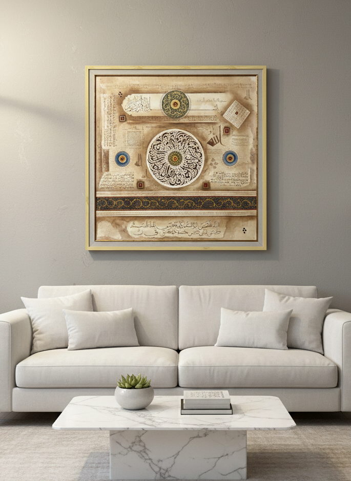 Islamic Arabic Calligraphy Wall Art – 40 × 40 Inches Double Frame Classical Manuscript Artwork