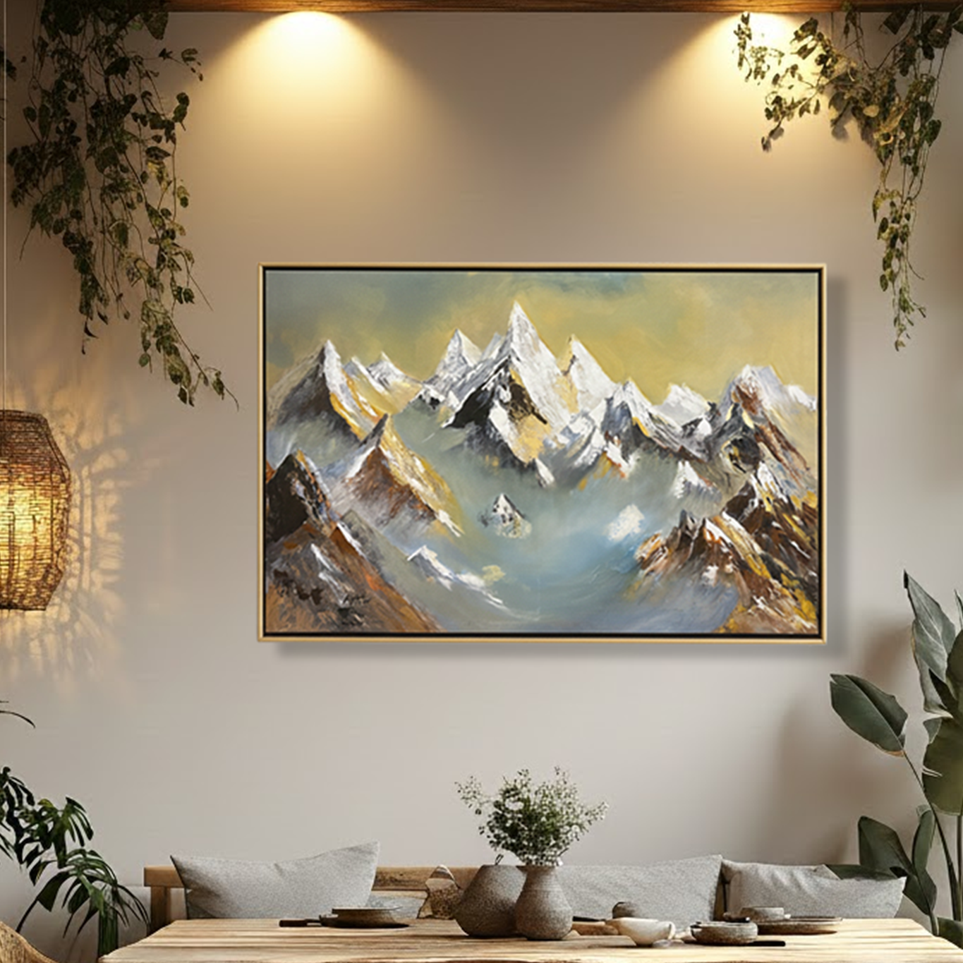 Golden Peaks – Hand-Painted Mountain Landscape Oil Painting (36 × 48 Inches, Framed)
