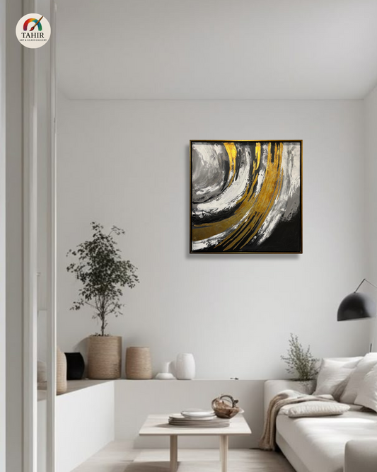 Luxury Abstract Canvas Painting – Black, White & Gold (Imported) 40 × 40 inches