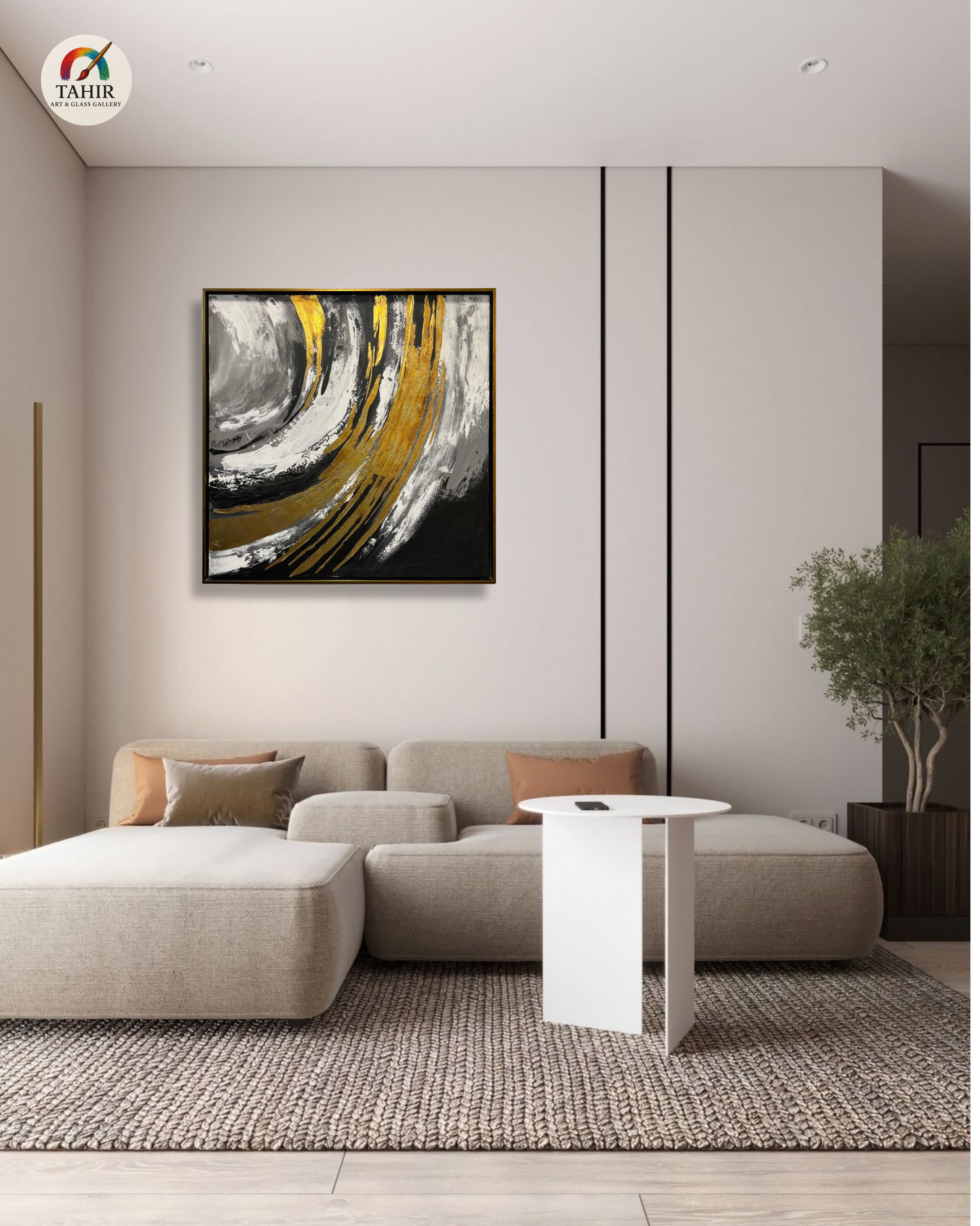 Luxury Abstract Canvas Painting – Black, White & Gold (Imported) 40 × 40 inches