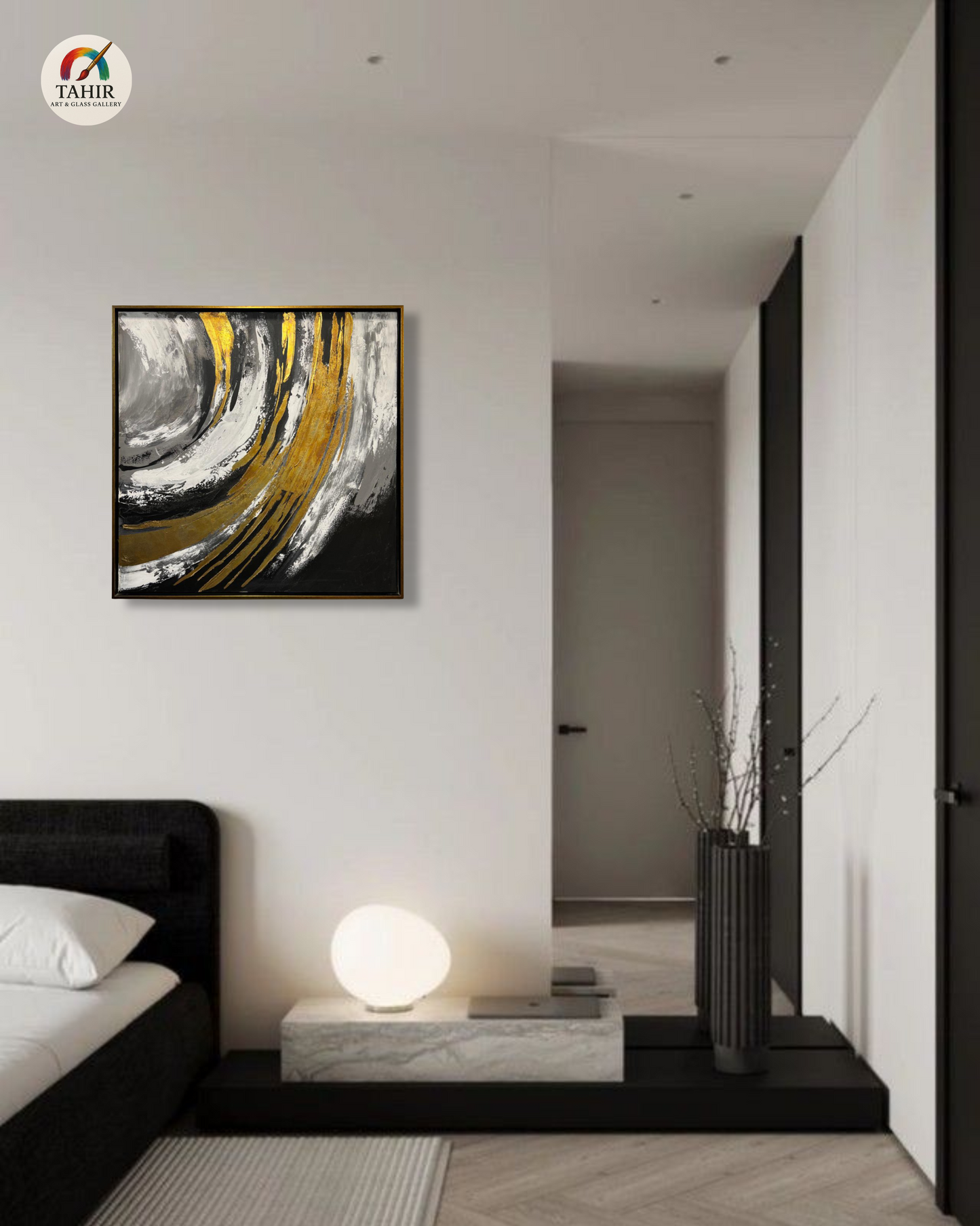 Luxury Abstract Canvas Painting – Black, White & Gold (Imported) 40 × 40 inches