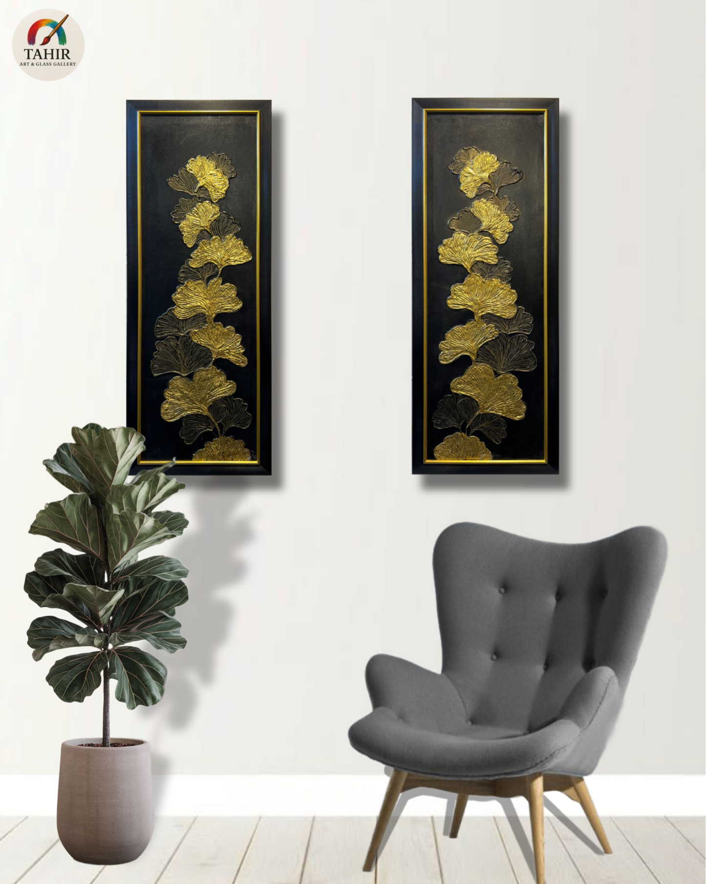Ginkgo Leaf Wall Art Set (12x36 inches) – Gold & Black Framed