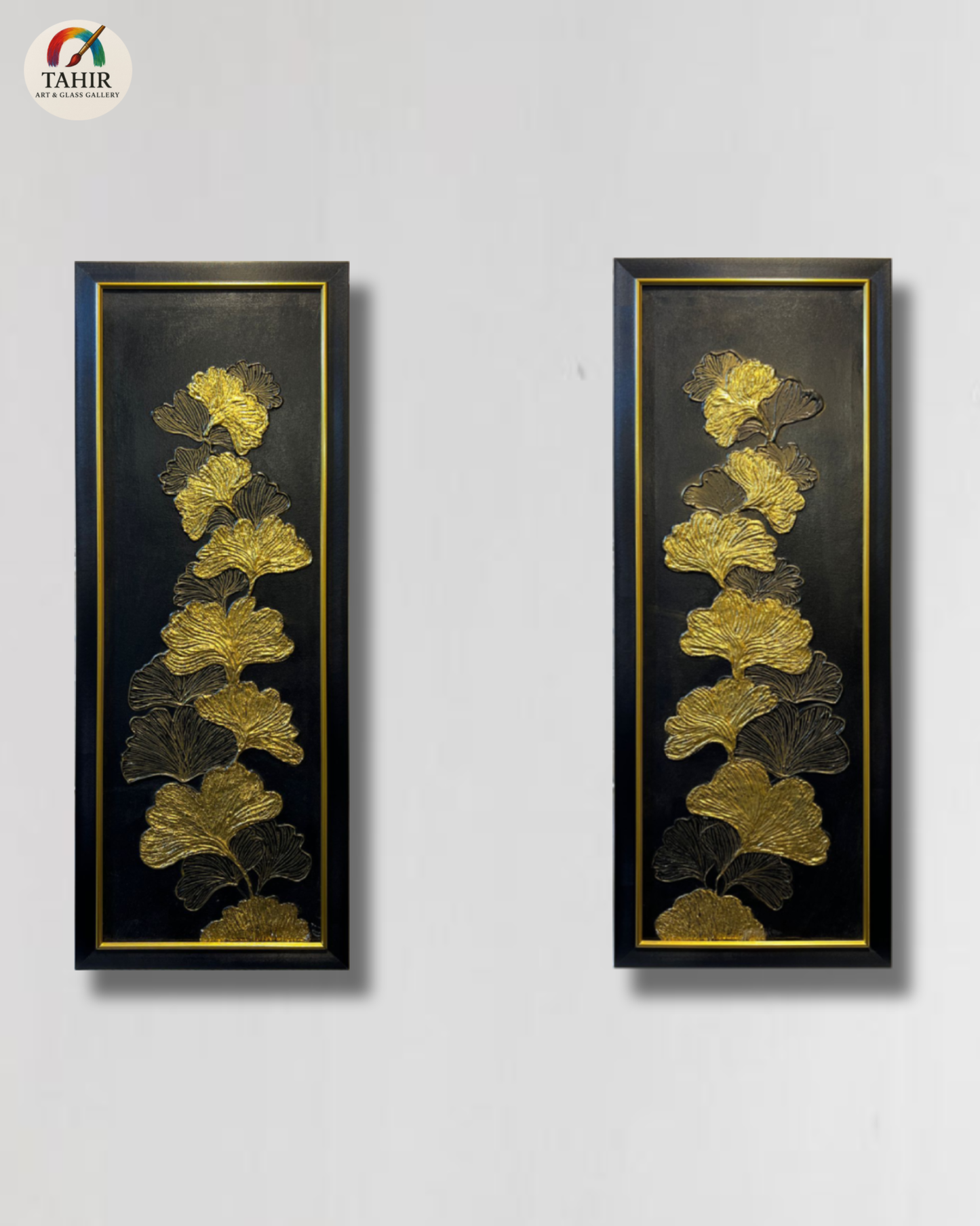 Ginkgo Leaf Wall Art Set (12x36 inches) – Gold & Black Framed