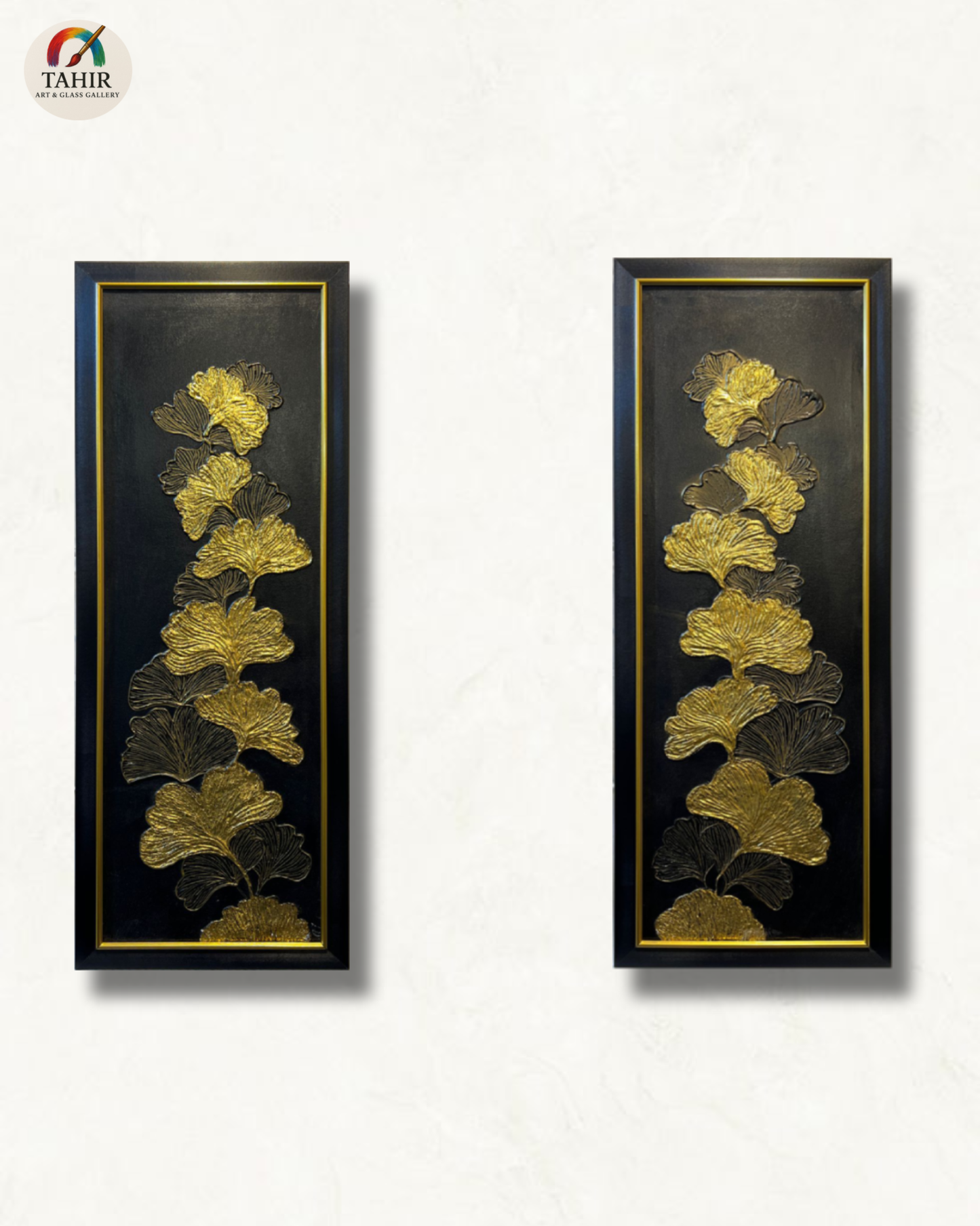 Ginkgo Leaf Wall Art Set (12x36 inches) – Gold & Black Framed