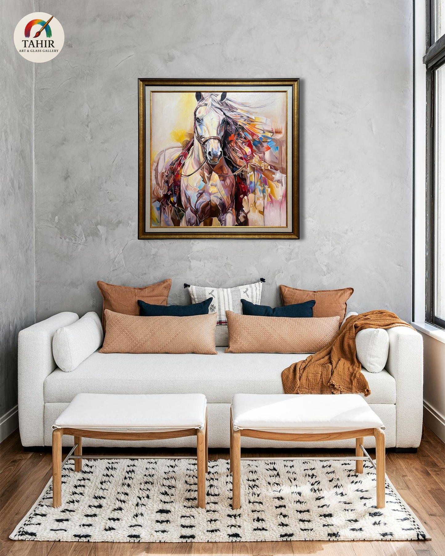 Majestic Horse Abstract Oil Painting – 42x42 Inches, Double Frame, Ready to Hang