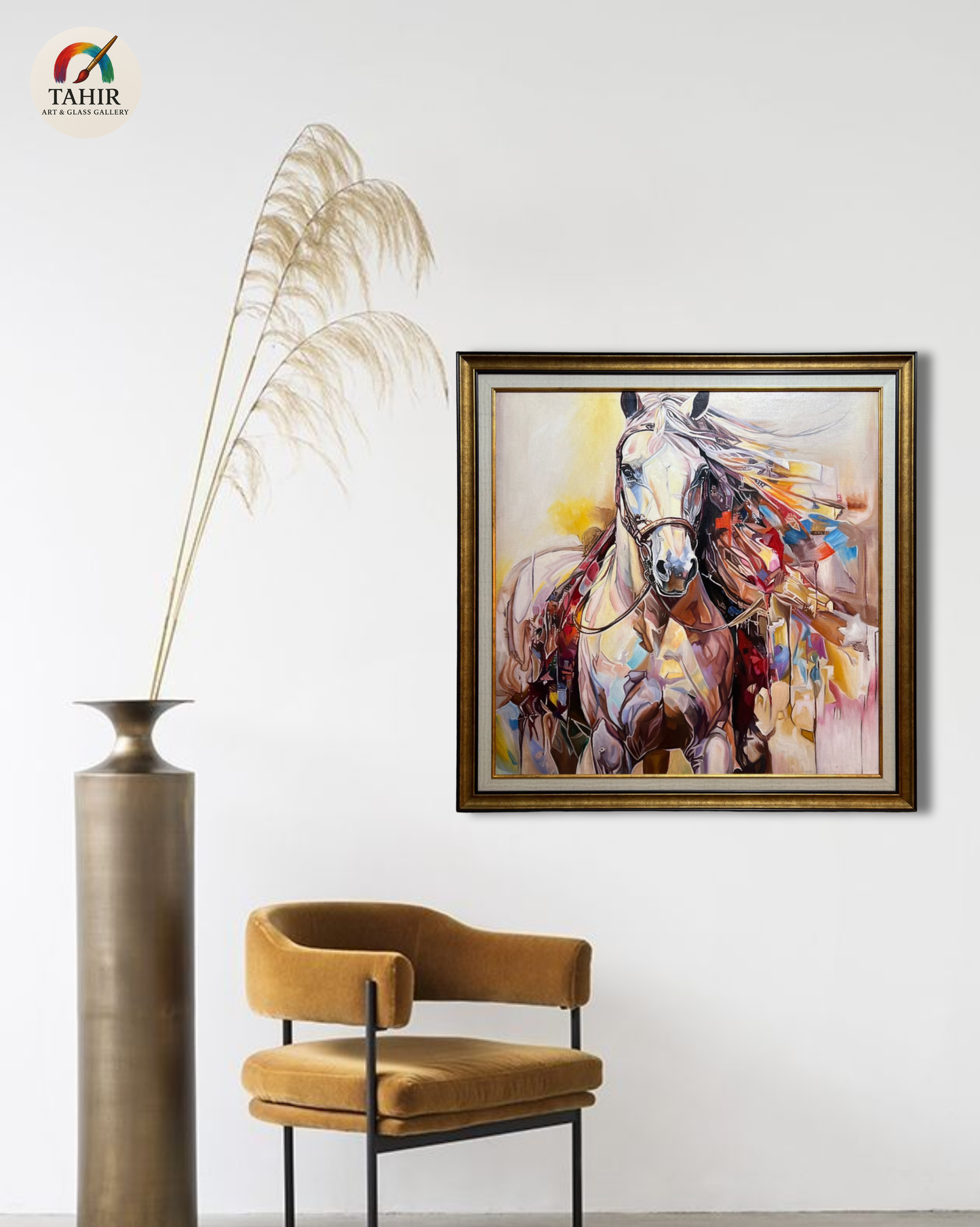 Majestic Horse Abstract Oil Painting – 42x42 Inches, Double Frame, Ready to Hang