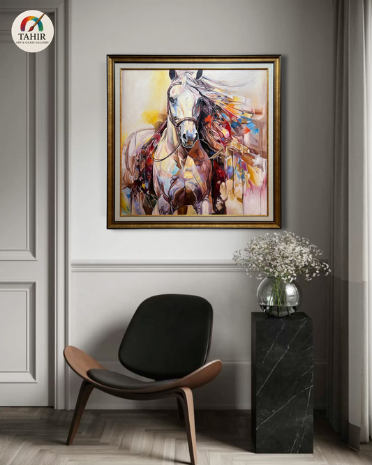 Majestic Horse Abstract Oil Painting – 42x42 Inches, Double Frame, Ready to Hang