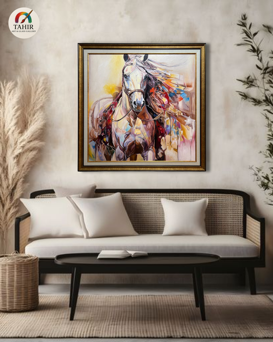 Majestic Horse Abstract Oil Painting – 42x42 Inches, Double Frame, Ready to Hang