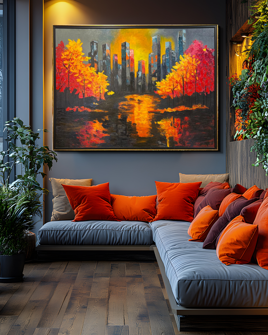 Autumn Reflections Cityscape – Handmade Oil Painting 36×48 in