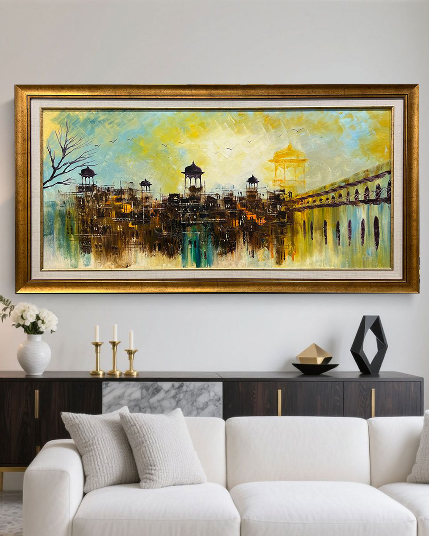 Handmade Architectural Oil Painting on Canvas | Historic Palace Cityscape Art | 30x54 in