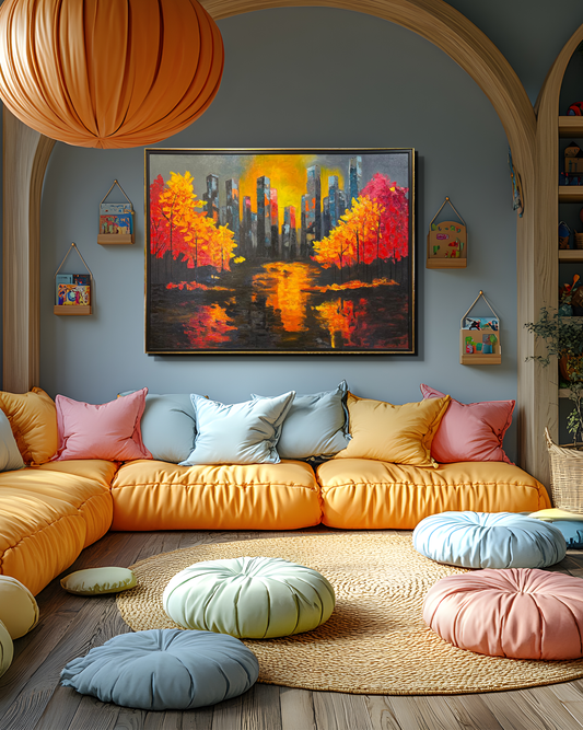 Autumn Reflections Cityscape – Handmade Oil Painting 36×48 in