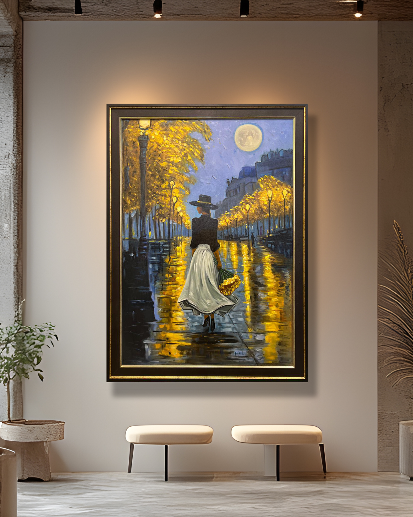 Moonlit Walk in Autumn – Handmade Oil Painting 30×42 in