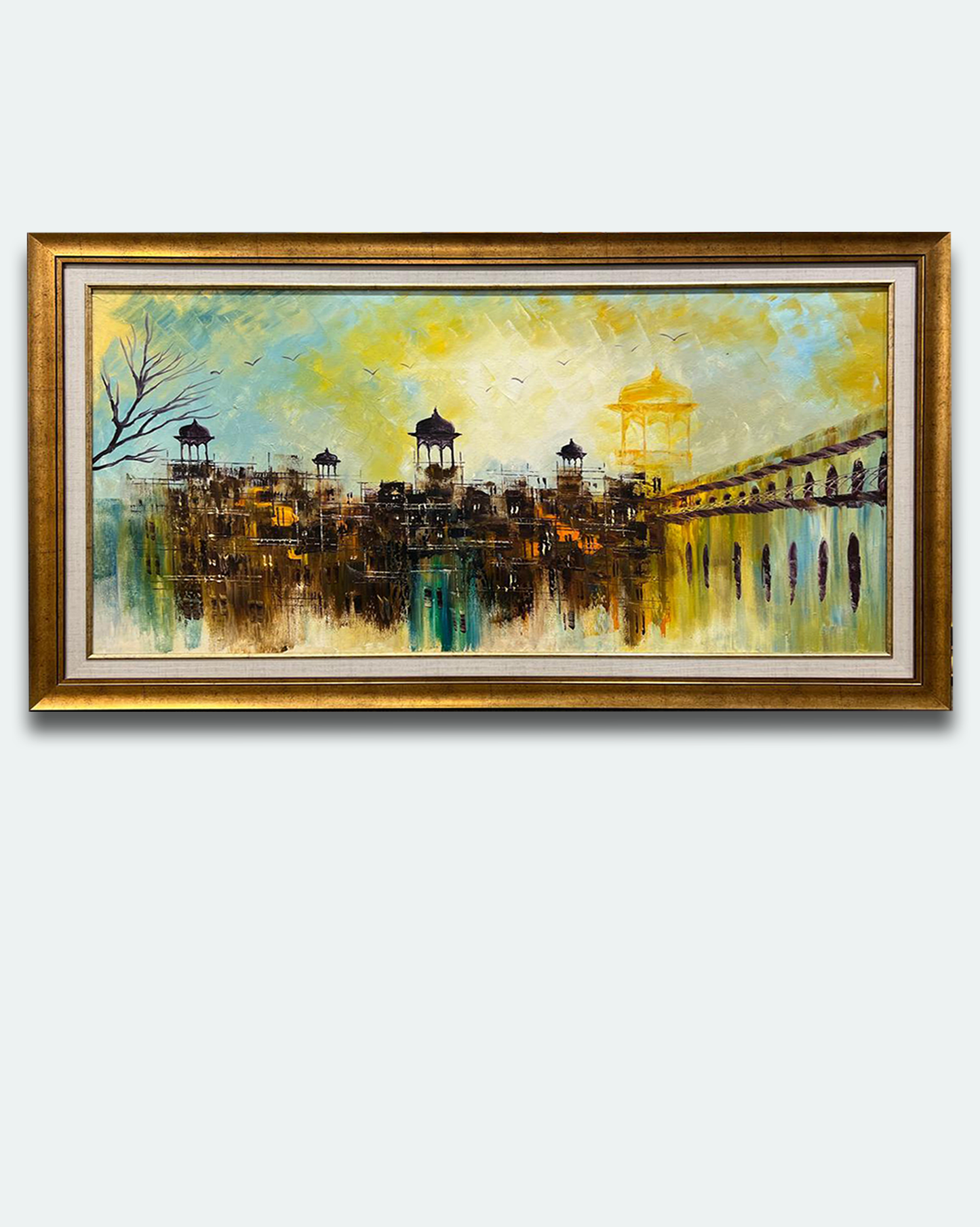 Handmade Architectural Oil Painting on Canvas | Historic Palace Cityscape Art | 30x54 in