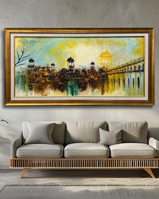 Handmade Architectural Oil Painting on Canvas | Historic Palace Cityscape Art | 30x54 in