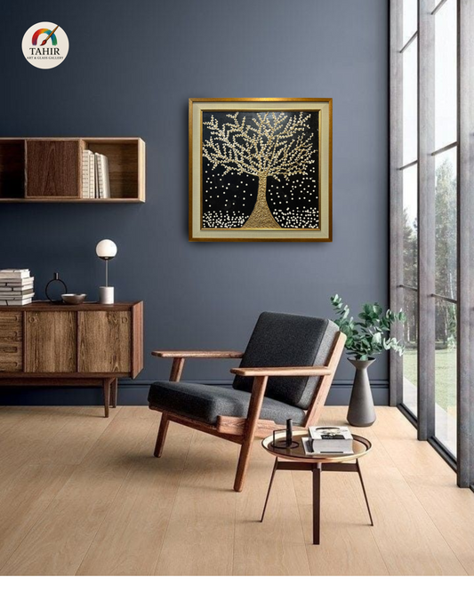 Golden Tree in Snow – Textured Handmade Painting (30x30 inches)