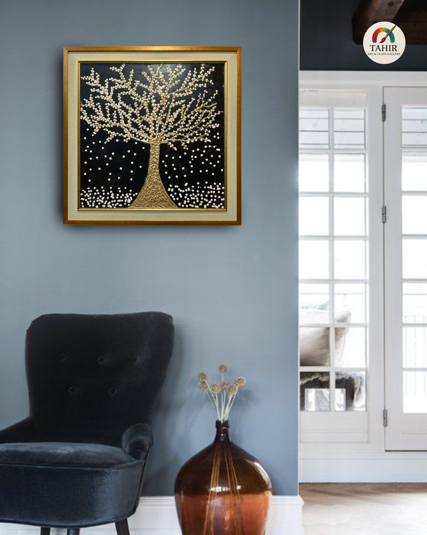 Golden Tree in Snow – Textured Handmade Painting (30x30 inches)
