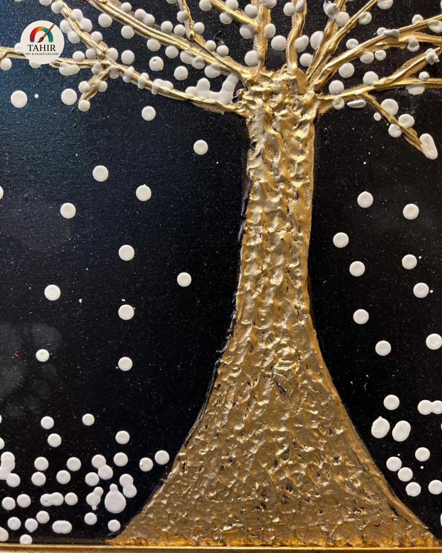 Golden Tree in Snow – Textured Handmade Painting (30x30 inches)