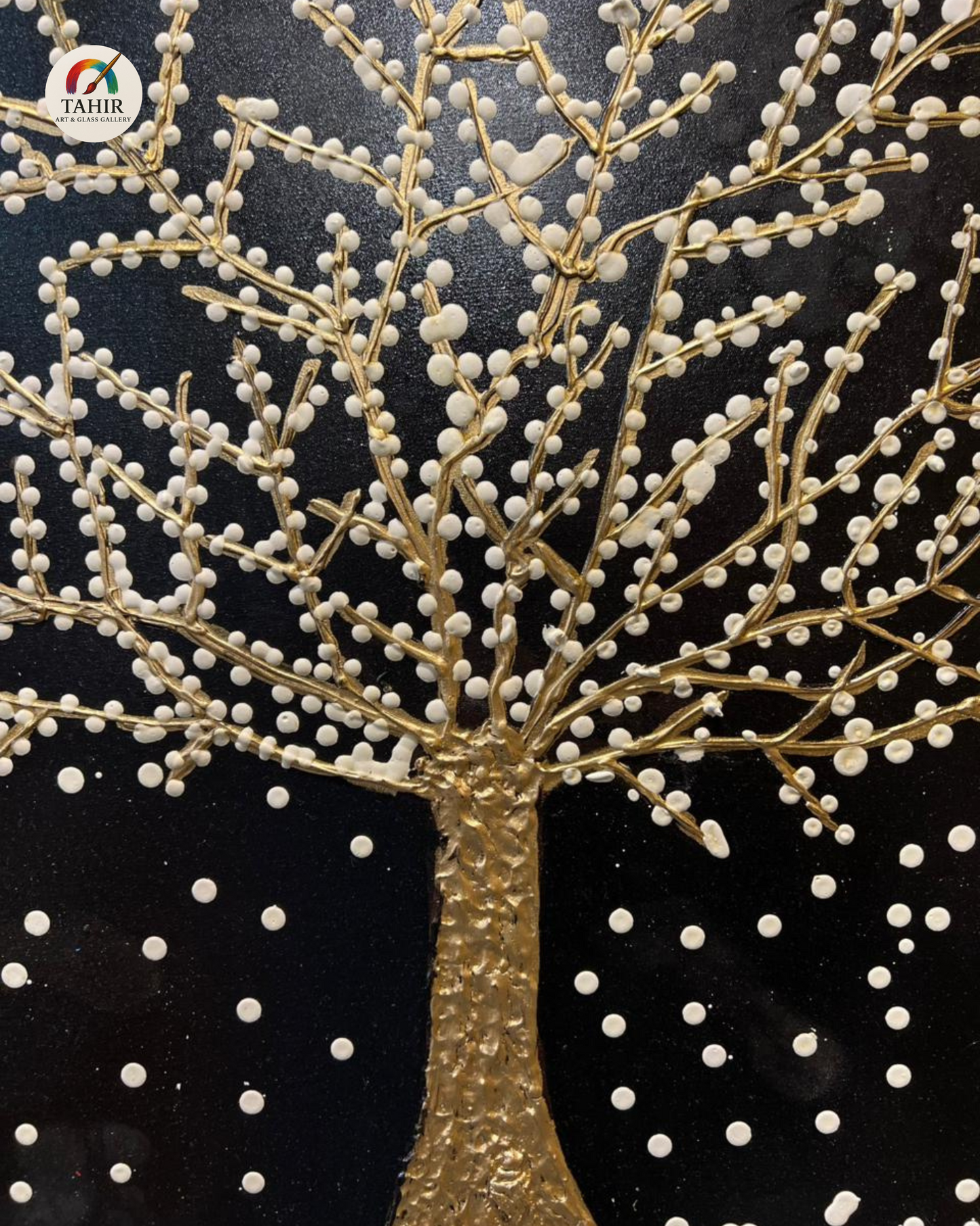 Golden Tree in Snow – Textured Handmade Painting (30x30 inches)