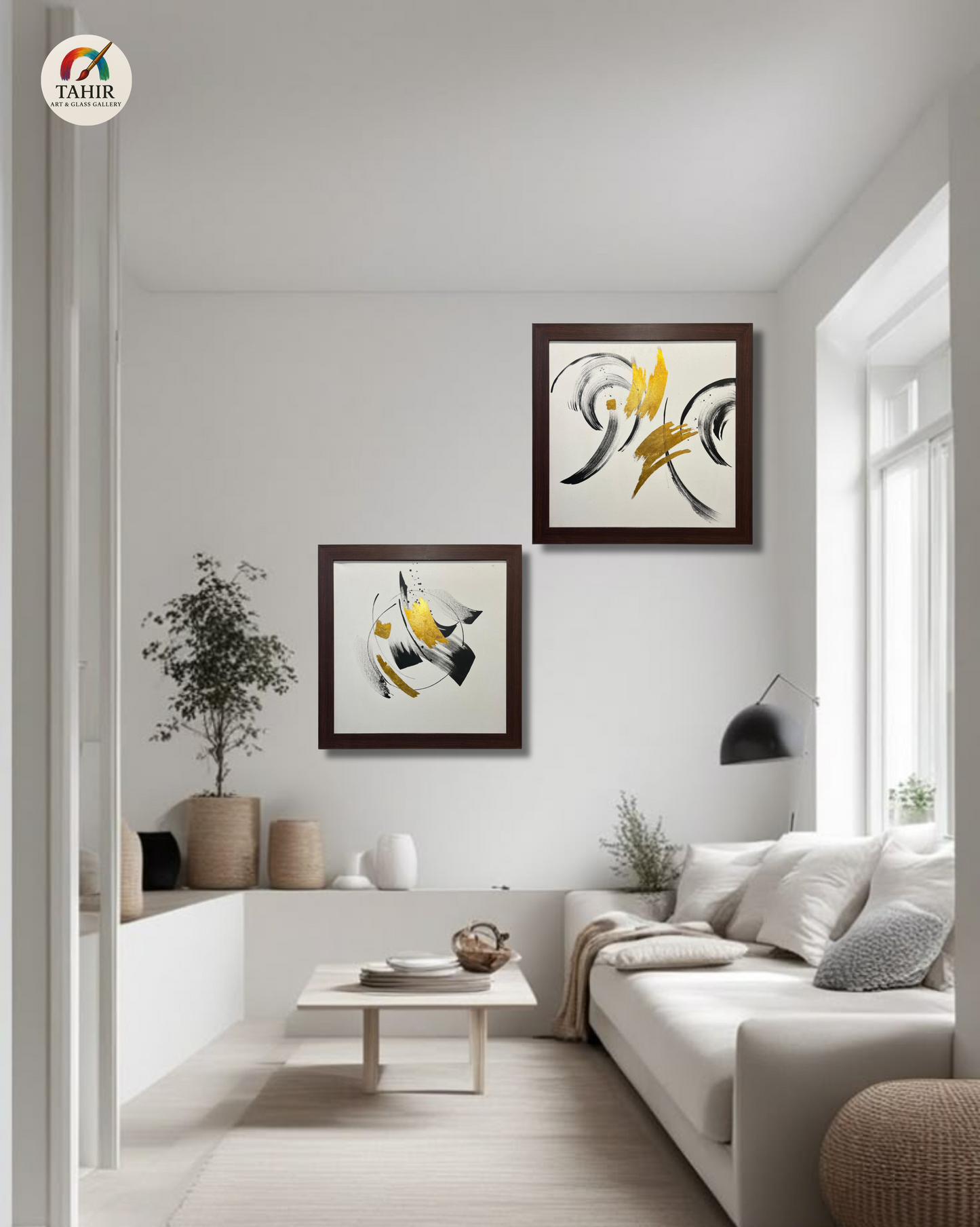 Golden & Black Brushstroke Abstract Painting – Modern Wall Décor        set  of 2