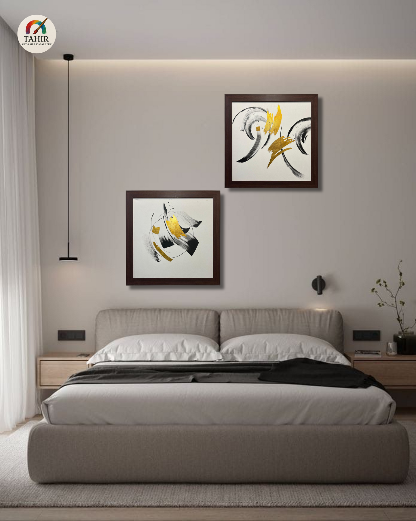 Golden & Black Brushstroke Abstract Painting – Modern Wall Décor        set  of 2