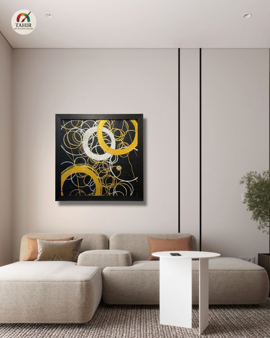 Modern Abstract Circle Art – Black, Gold & White (Imported Canvas Painting)  42 × 42 inches