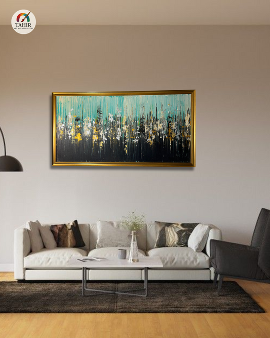 Teal & Gold Abstract Wall Art – 24x48" Framed Canvas
