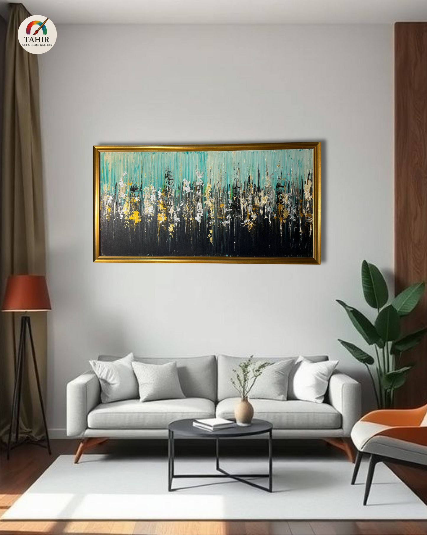 Teal & Gold Abstract Wall Art – 24x48" Framed Canvas