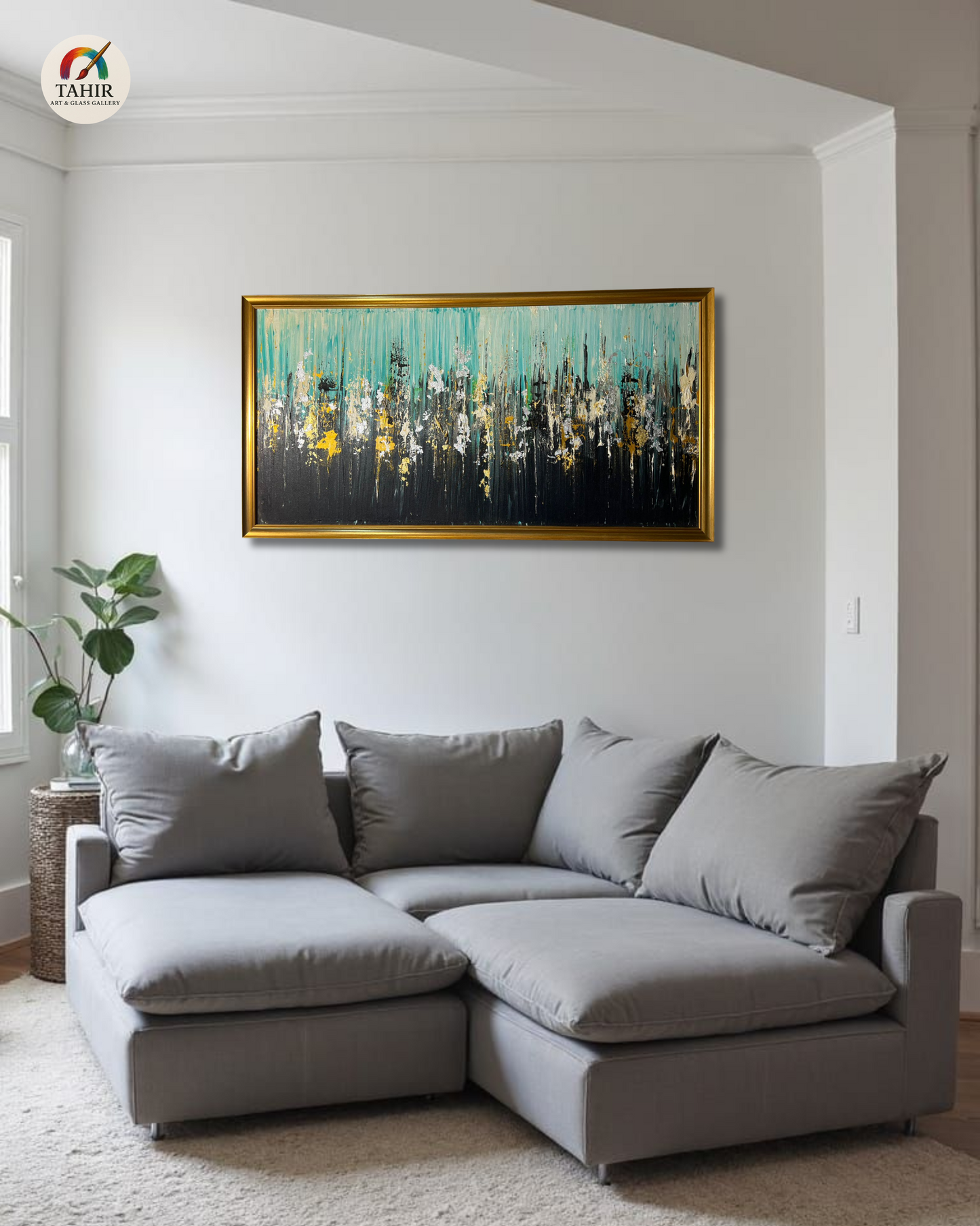 Teal & Gold Abstract Wall Art – 24x48" Framed Canvas