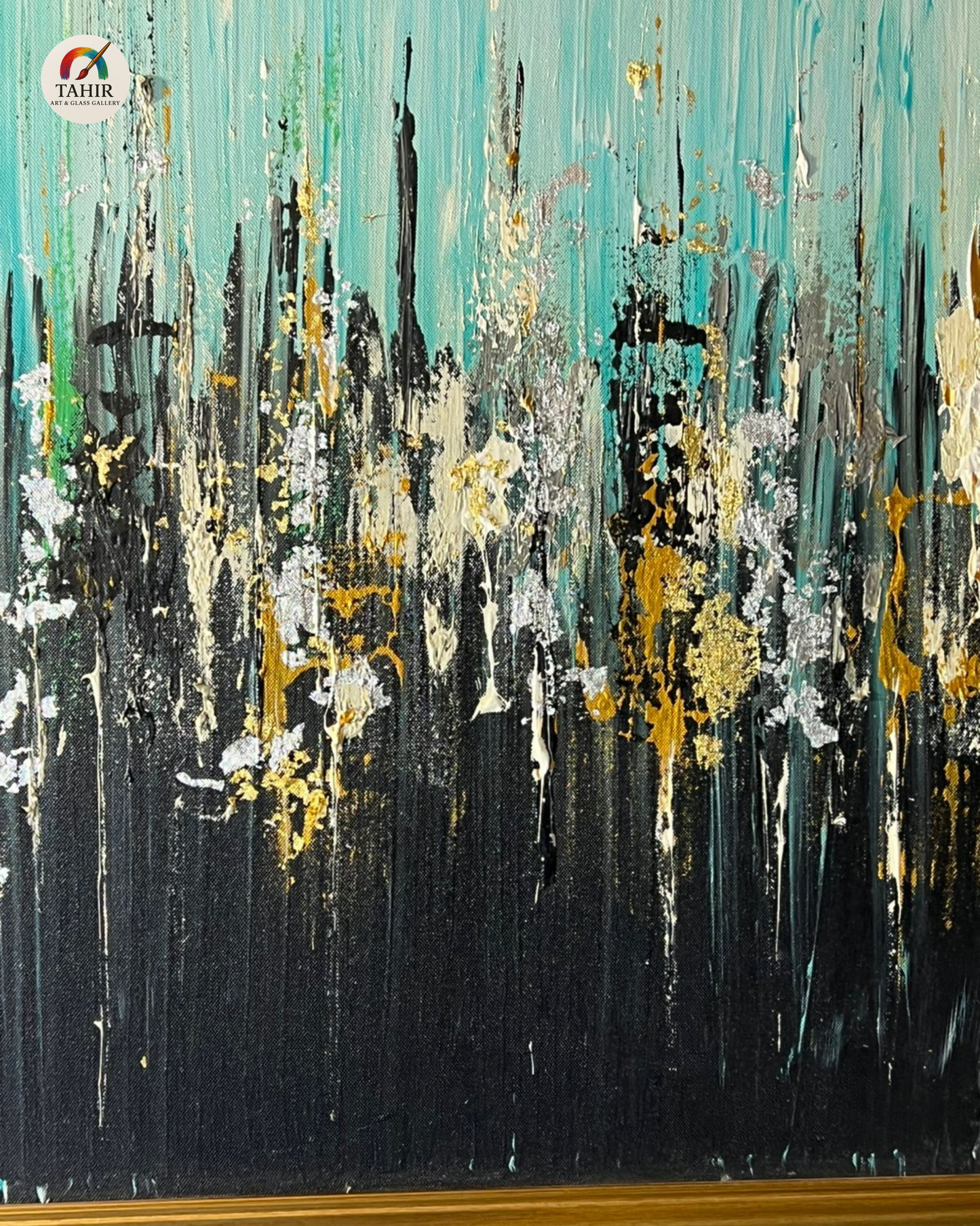 Teal & Gold Abstract Wall Art – 24x48" Framed Canvas